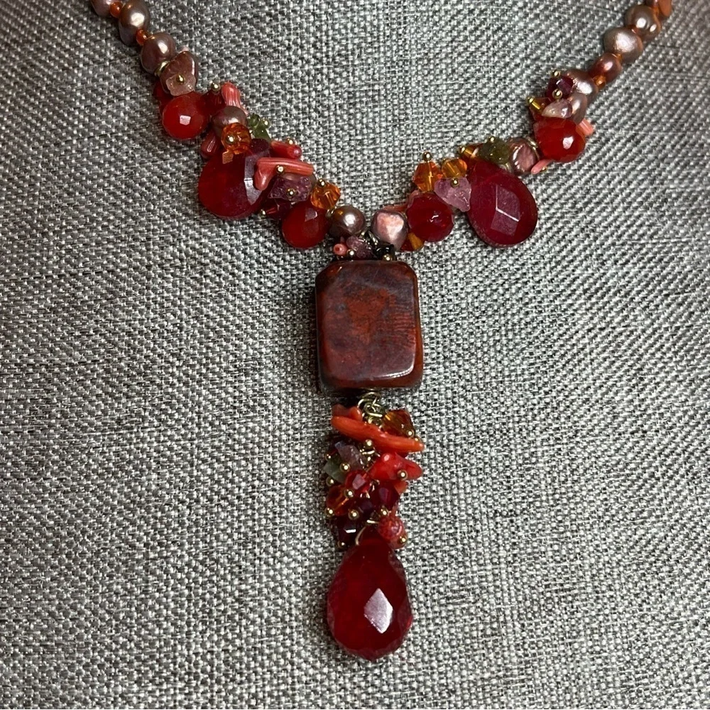Handmade Red Agate, Coral, Freshwater Pearls, Amethyst &‎ Glass Beaded Necklace